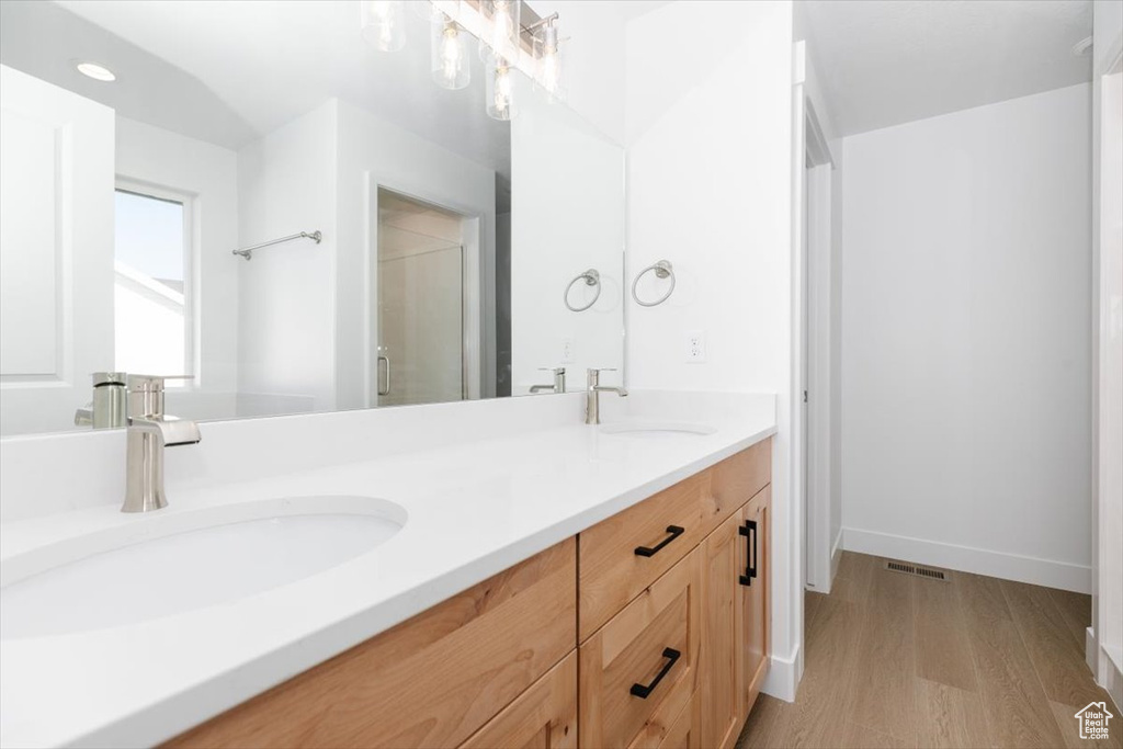 Bathroom featuring wood-type flooring, vanity, and walk in shower