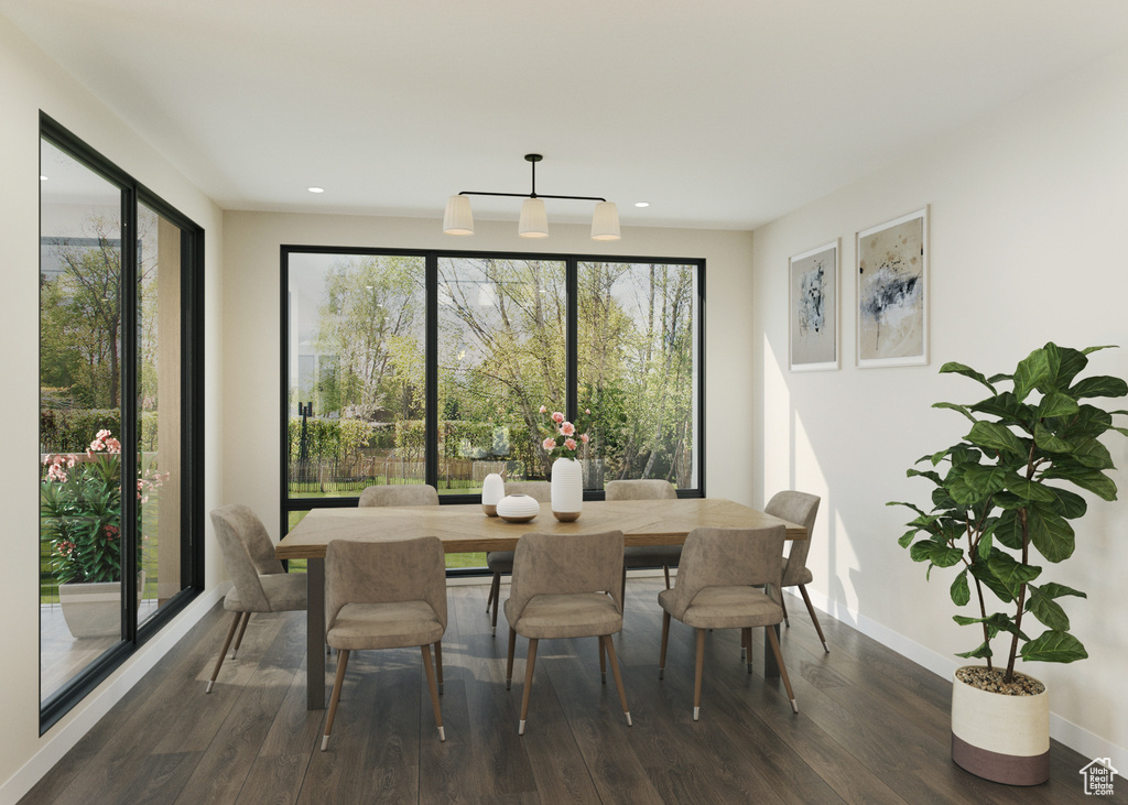 Dining area with dark wood-type flooring