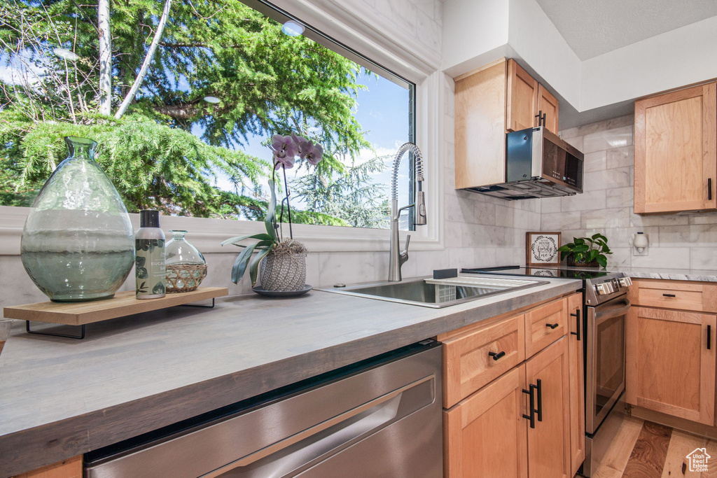 Kitchen with sink, light hardwood / wood-style flooring, tasteful backsplash, and appliances with stainless steel finishes