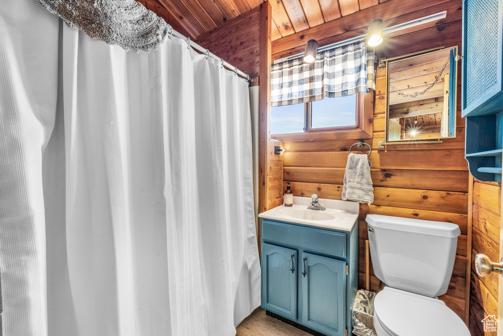 Bathroom with toilet, hardwood / wood-style flooring, wood ceiling, rustic walls, and vanity