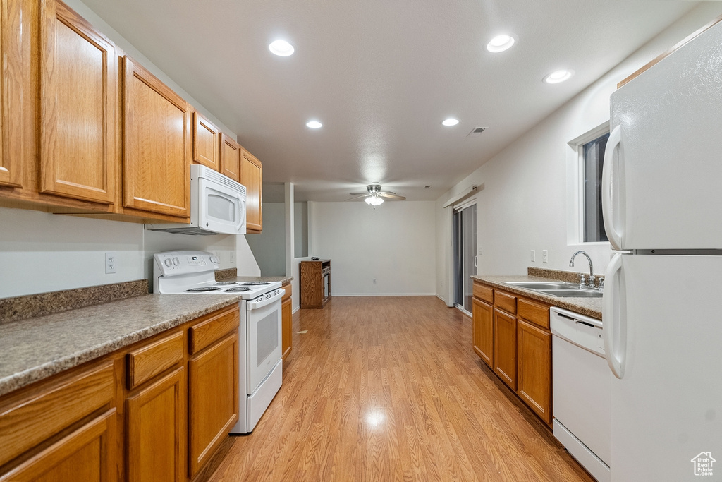 Kitchen with light hardwood / wood-style floors, sink, ceiling fan, and white appliances