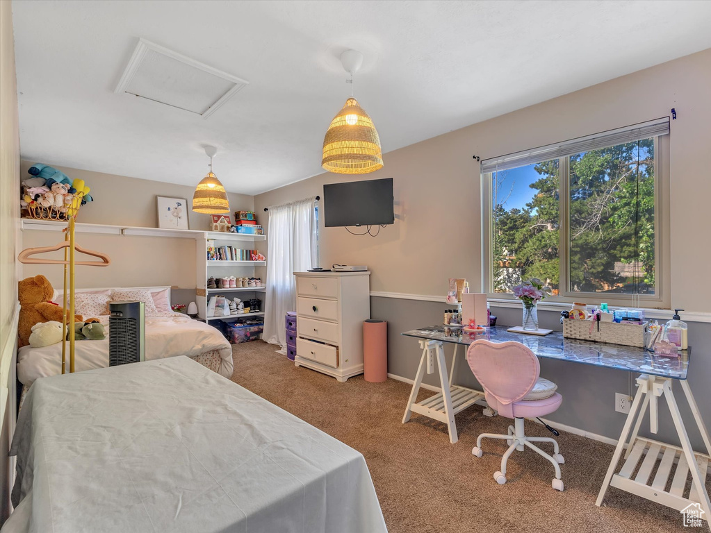 Bedroom featuring multiple windows and carpet flooring