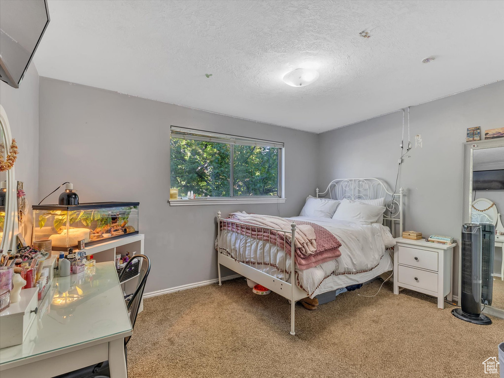 Carpeted bedroom featuring a textured ceiling