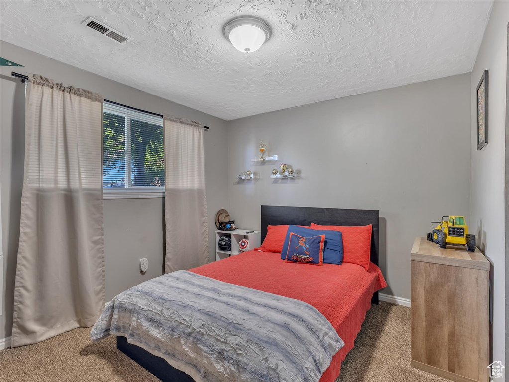 Carpeted bedroom with a textured ceiling