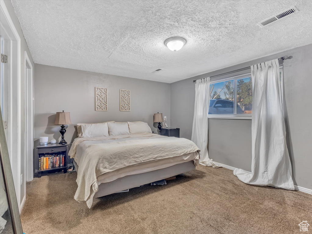 Carpeted bedroom with a textured ceiling