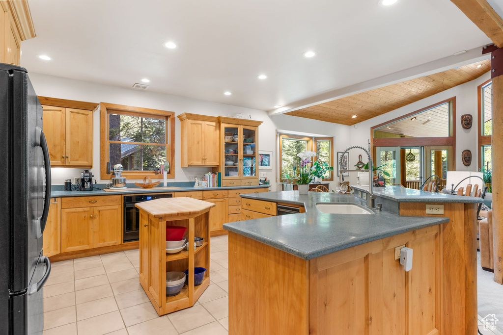 Kitchen with a healthy amount of sunlight, wooden ceiling, black appliances, and a kitchen island with sink