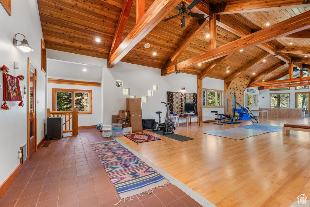 Workout area featuring a healthy amount of sunlight, high vaulted ceiling, wood-type flooring, and ceiling fan