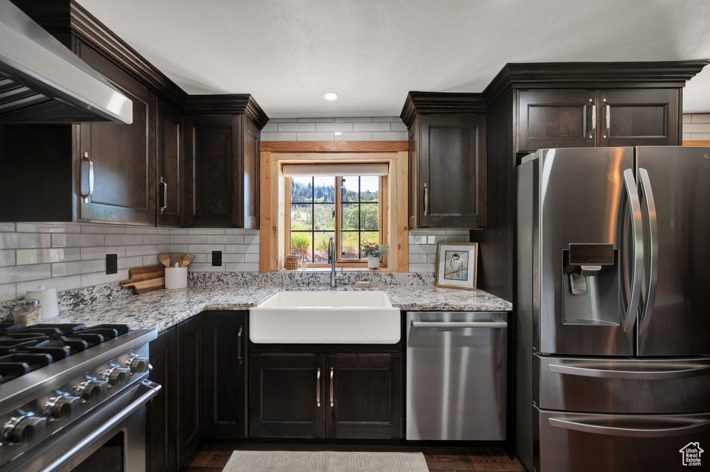 Kitchen featuring dark hardwood / wood-style flooring, stainless steel appliances, premium range hood, sink, and tasteful backsplash