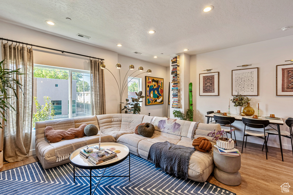 Living room featuring light hardwood / wood-style floors and a textured ceiling