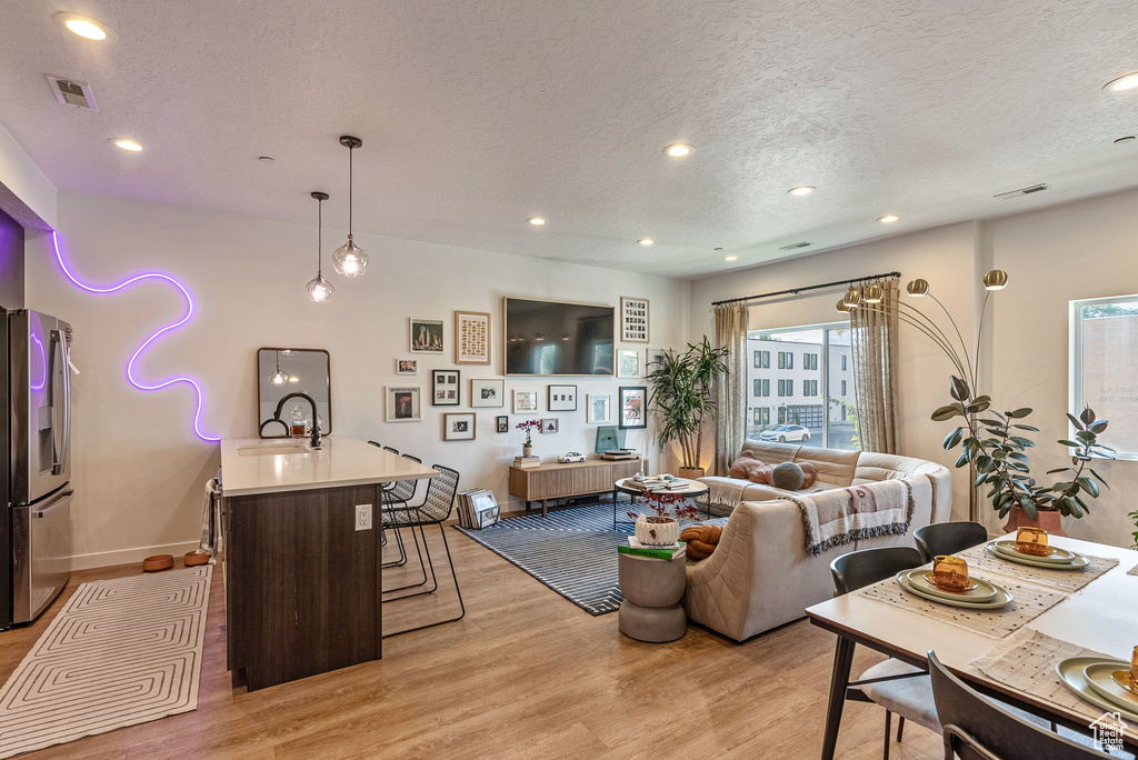 Living room featuring sink, light hardwood / wood-style flooring, and a textured ceiling