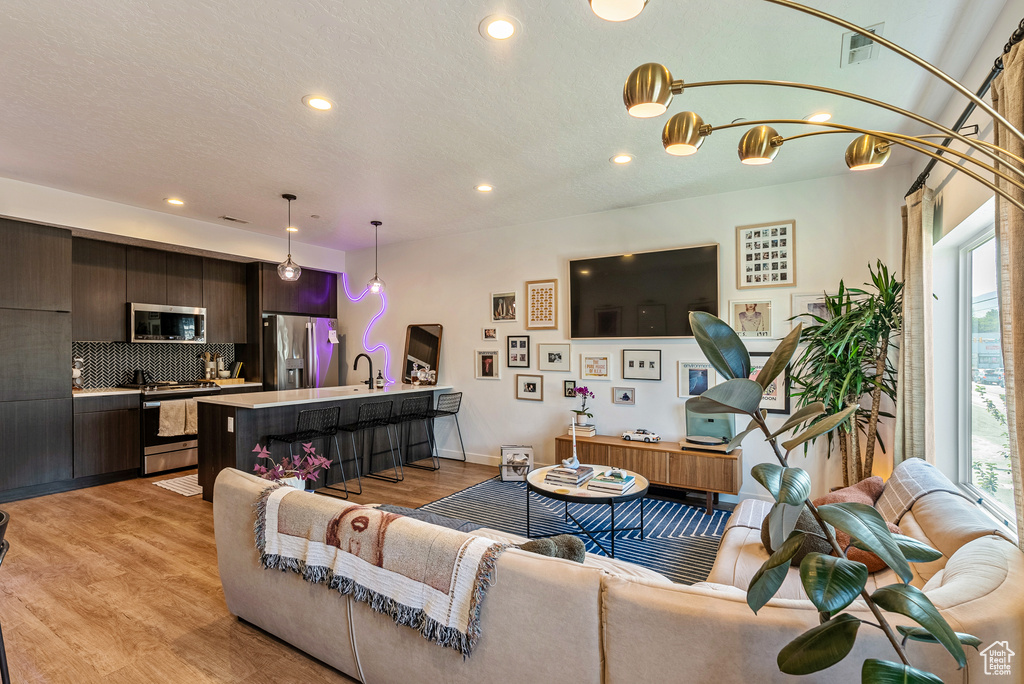 Living room with light hardwood / wood-style floors, sink, and a wealth of natural light