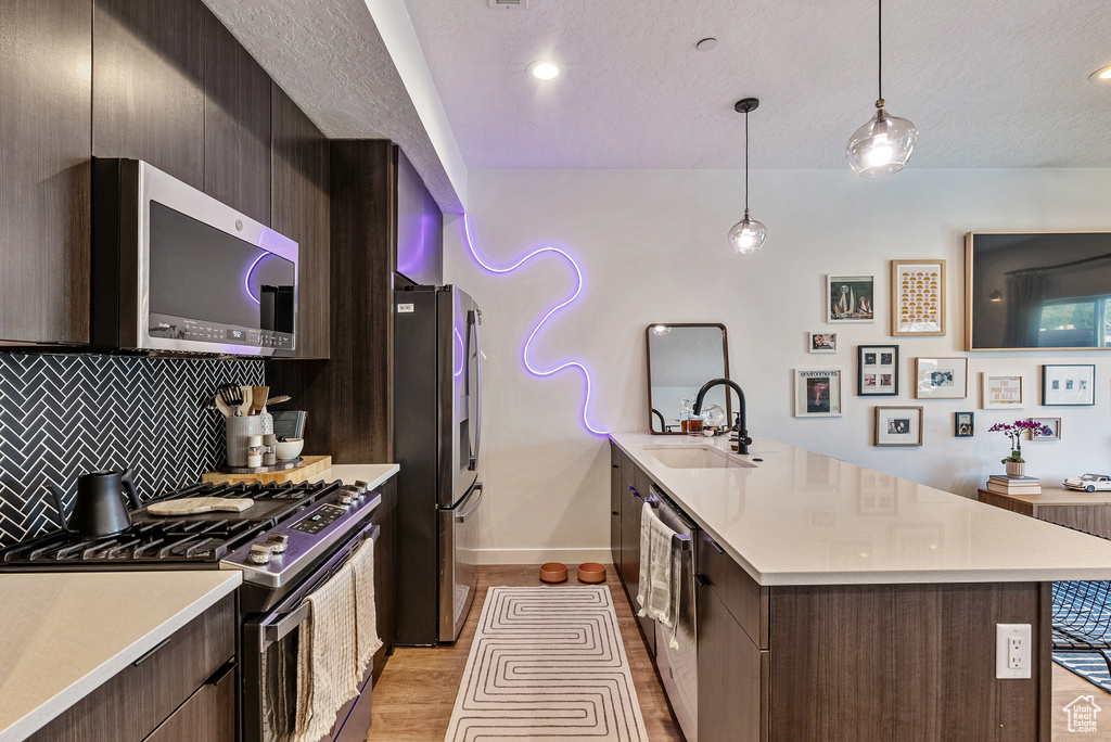 Kitchen featuring light hardwood / wood-style flooring, dark brown cabinets, tasteful backsplash, appliances with stainless steel finishes, and sink