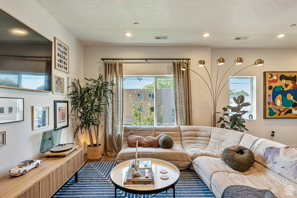 Living room with a textured ceiling