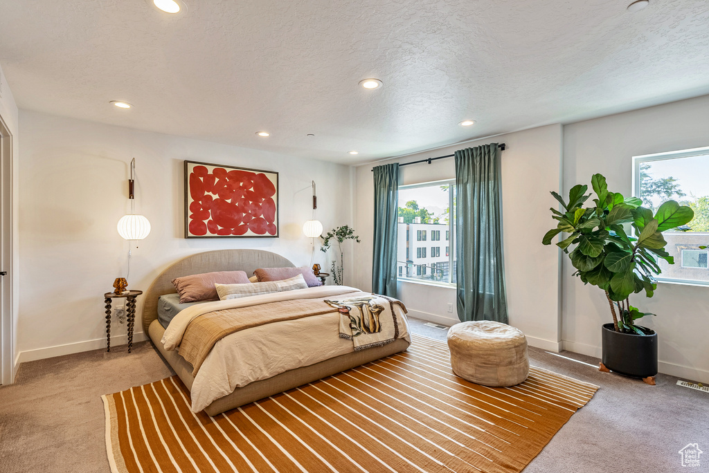 Bedroom with carpet floors and a textured ceiling