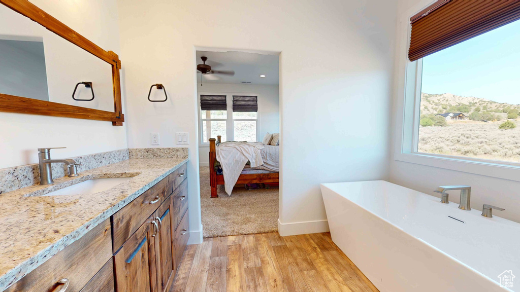 Bathroom featuring a bathtub, ceiling fan, vanity with extensive cabinet space, and wood-type flooring