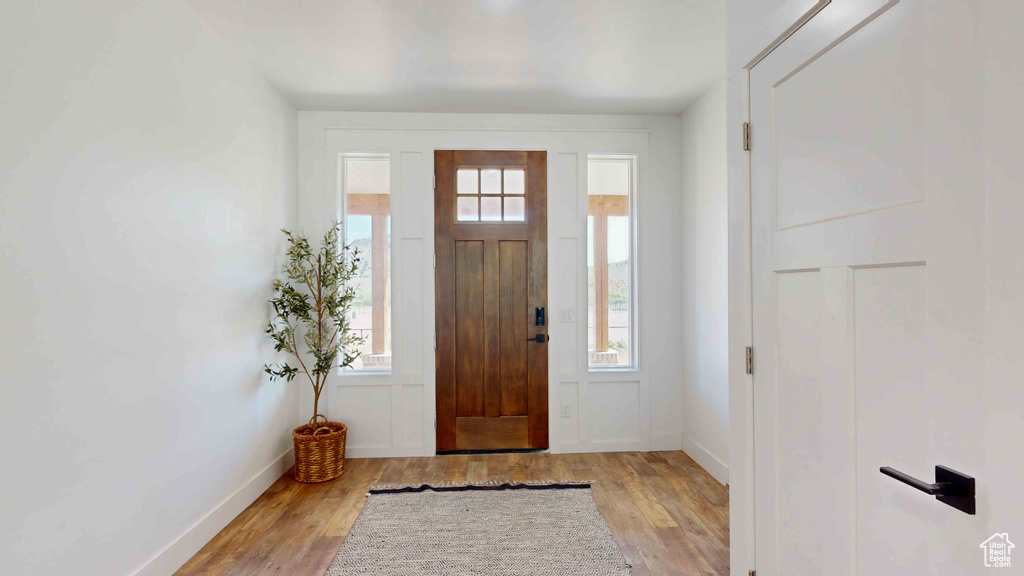 Foyer featuring plenty of natural light and light hardwood / wood-style floors