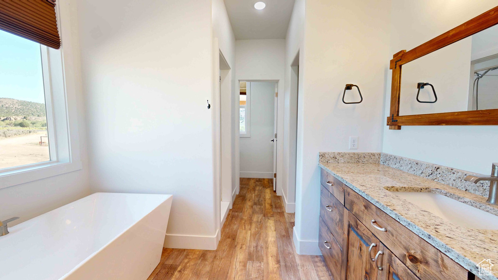 Bathroom with a bath to relax in, vanity with extensive cabinet space, and hardwood / wood-style flooring