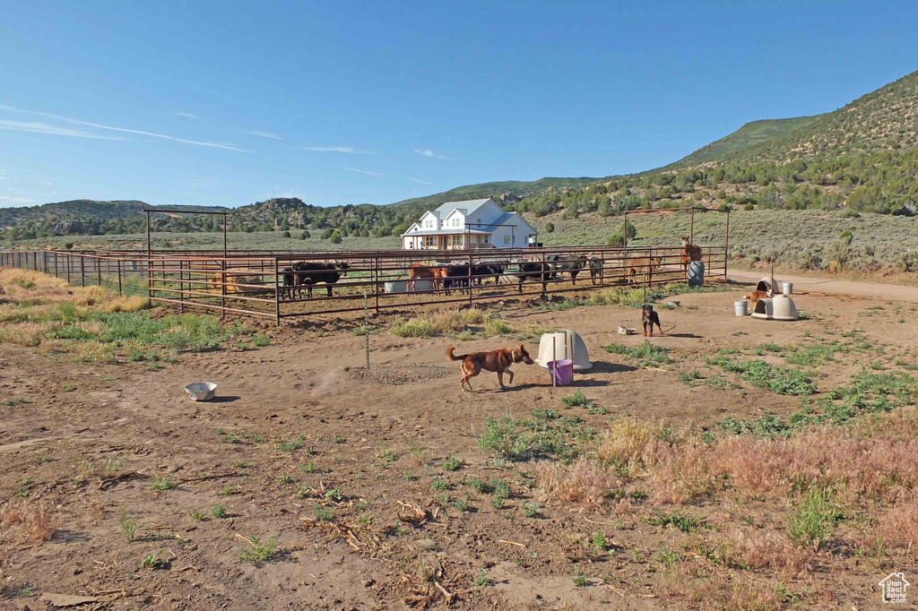 View of yard with a rural view and a mountain view