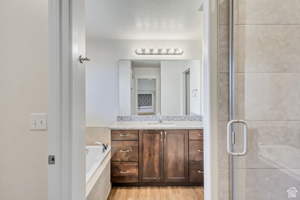 Bathroom featuring wood-type flooring, separate shower and tub, and vanity