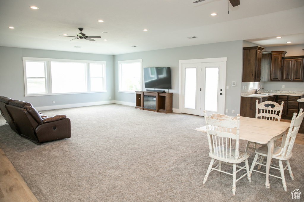 Carpeted living room featuring sink and ceiling fan