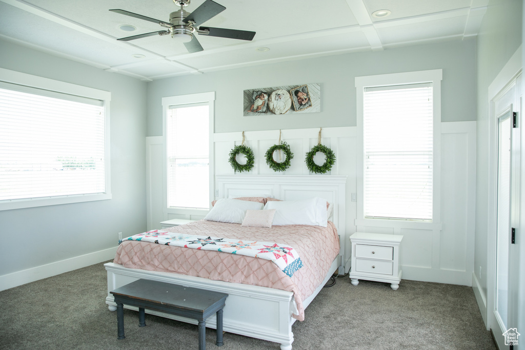 Carpeted bedroom with multiple windows and ceiling fan