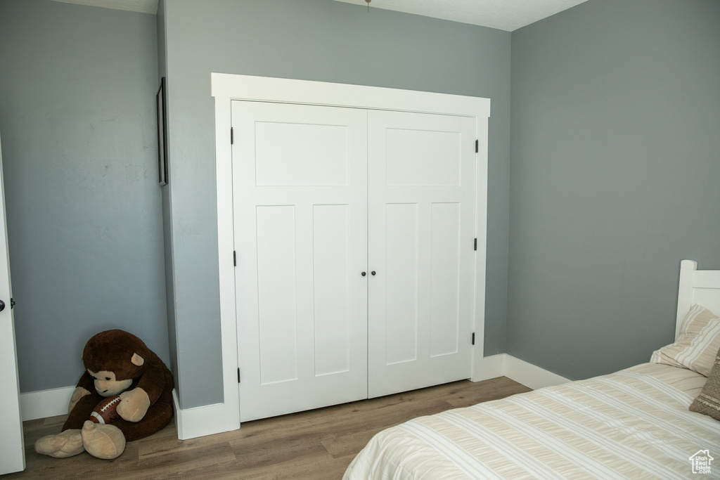 Bedroom with a closet and hardwood / wood-style flooring