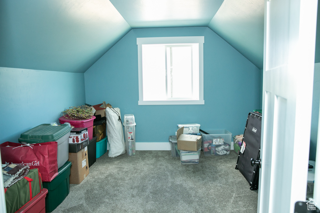 Additional living space featuring carpet and vaulted ceiling