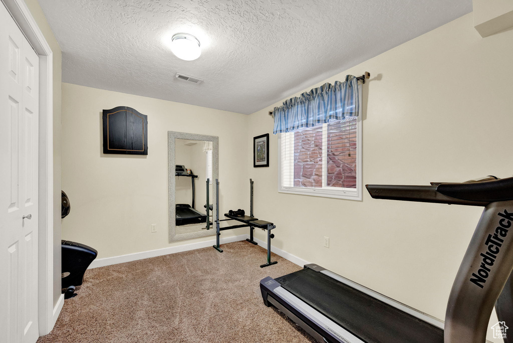 Exercise room with carpet flooring and a textured ceiling