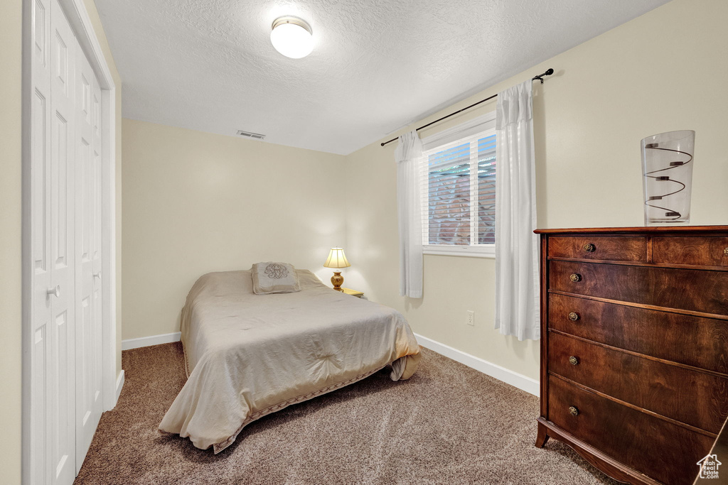 Carpeted bedroom featuring a closet and a textured ceiling