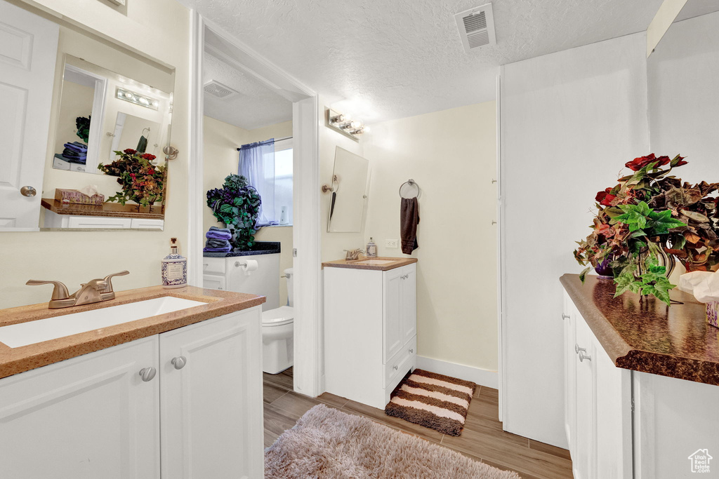 Bathroom featuring vanity, hardwood / wood-style floors, a textured ceiling, and toilet