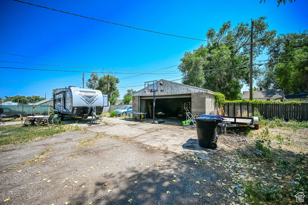 Exterior space featuring a garage