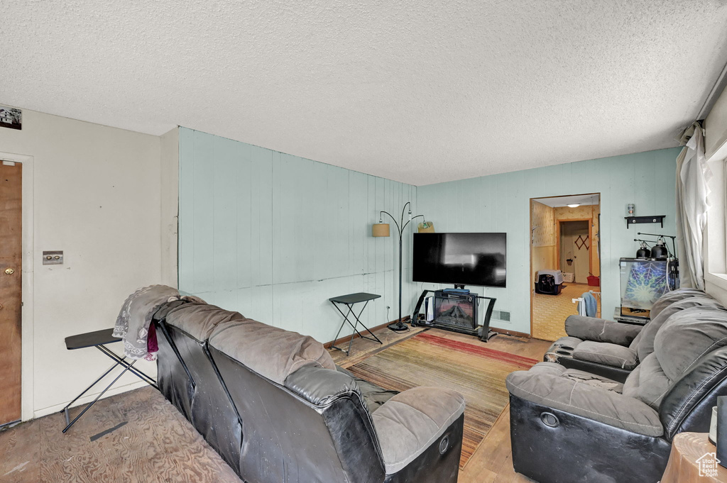 Living room with a textured ceiling and light hardwood / wood-style flooring