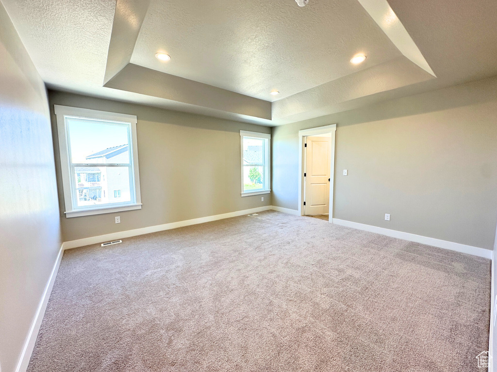 Spare room featuring a raised ceiling, a textured ceiling, and carpet