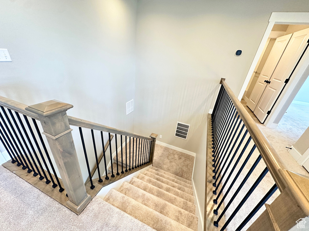 Staircase with a towering ceiling and carpet floors