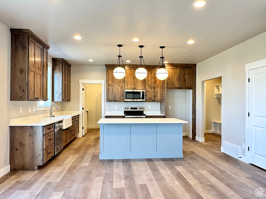 Kitchen featuring pendant lighting, light hardwood / wood-style floors, a center island, stainless steel appliances, and sink