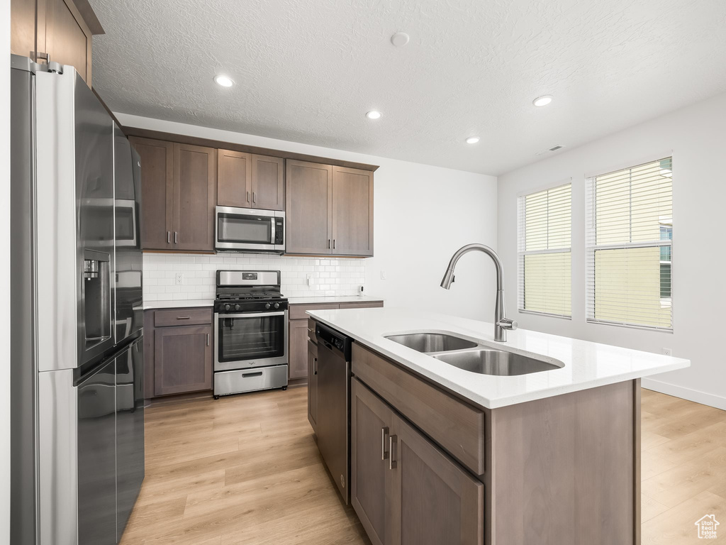 Kitchen with light wood-type flooring, backsplash, an island with sink, appliances with stainless steel finishes, and sink