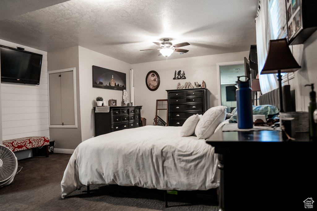 Carpeted bedroom with multiple windows, a textured ceiling, and ceiling fan