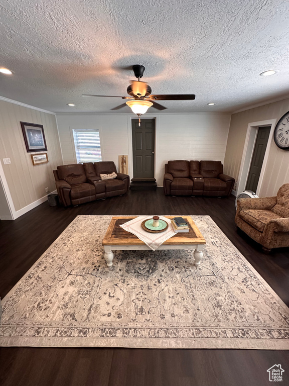 Living room with dark hardwood / wood-style flooring, a textured ceiling, crown molding, and ceiling fan