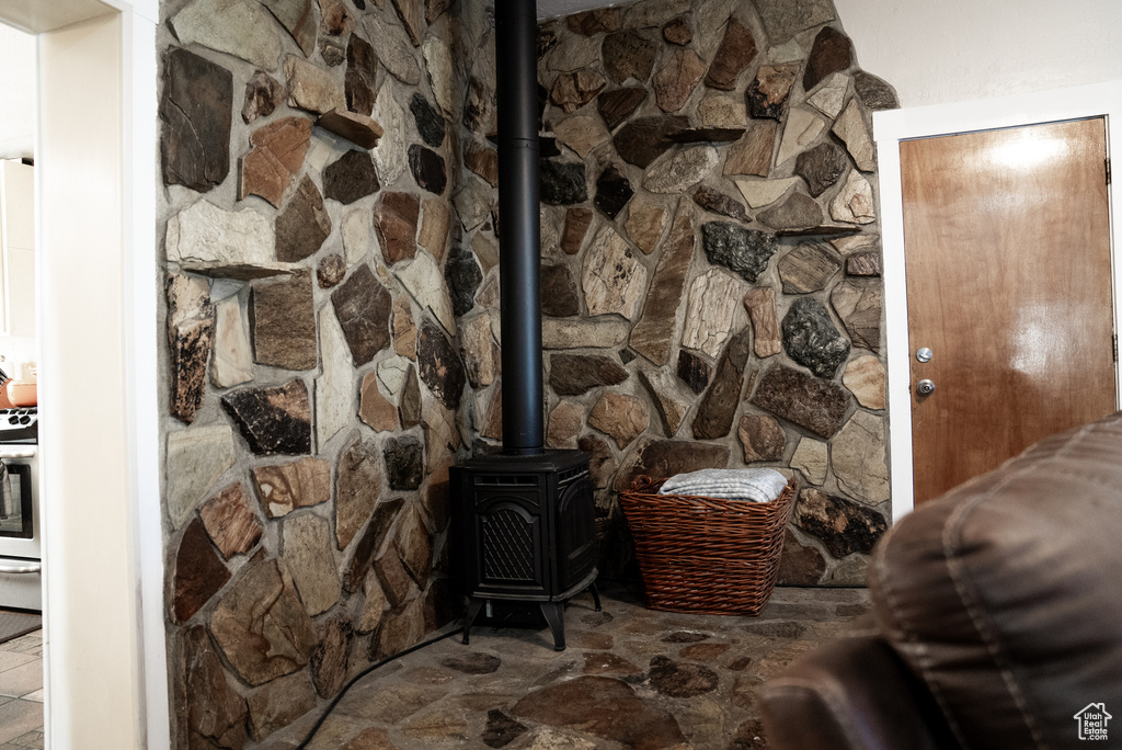 Interior space with a wood stove