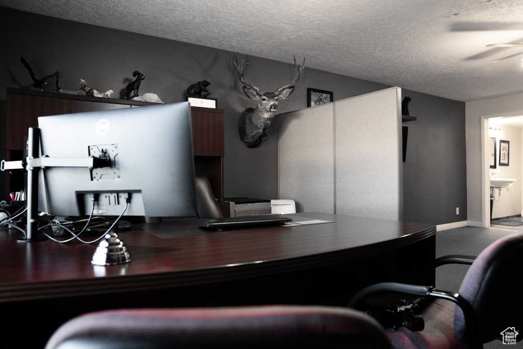 Office area with ceiling fan and a textured ceiling