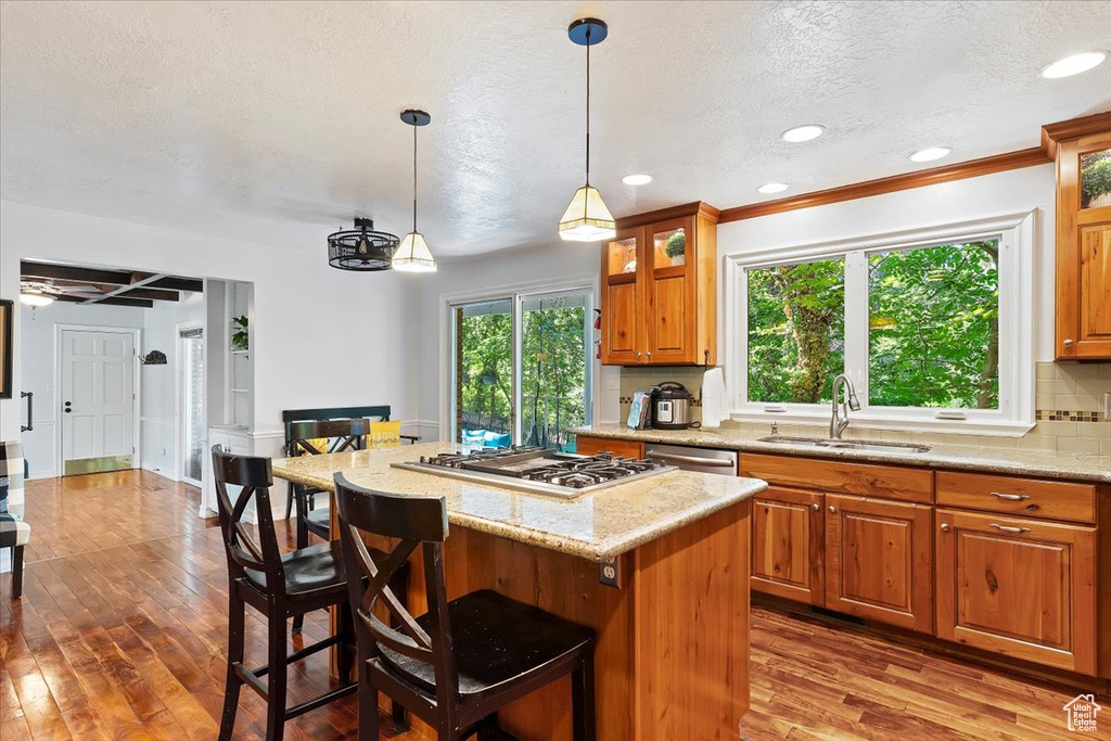 Kitchen with hardwood / wood-style flooring, decorative light fixtures, a wealth of natural light, and sink