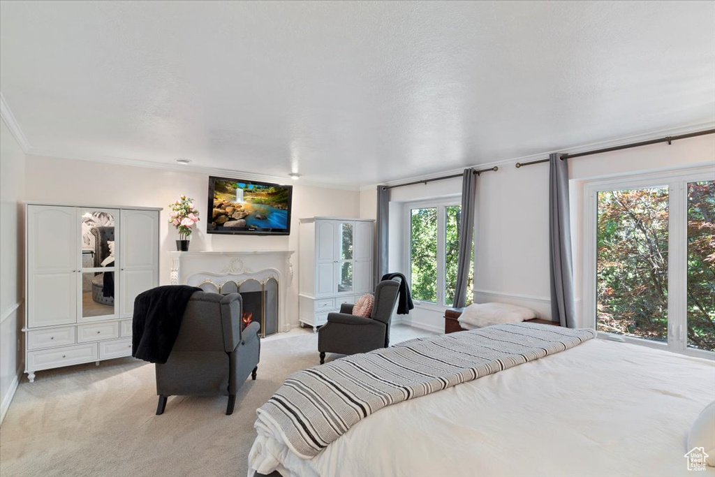 Bedroom featuring light carpet and ornamental molding