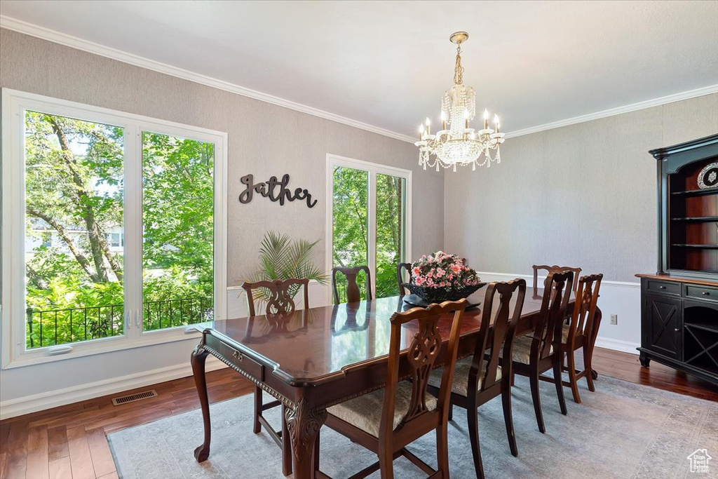 Dining room featuring an inviting chandelier, crown molding, and wood-type flooring