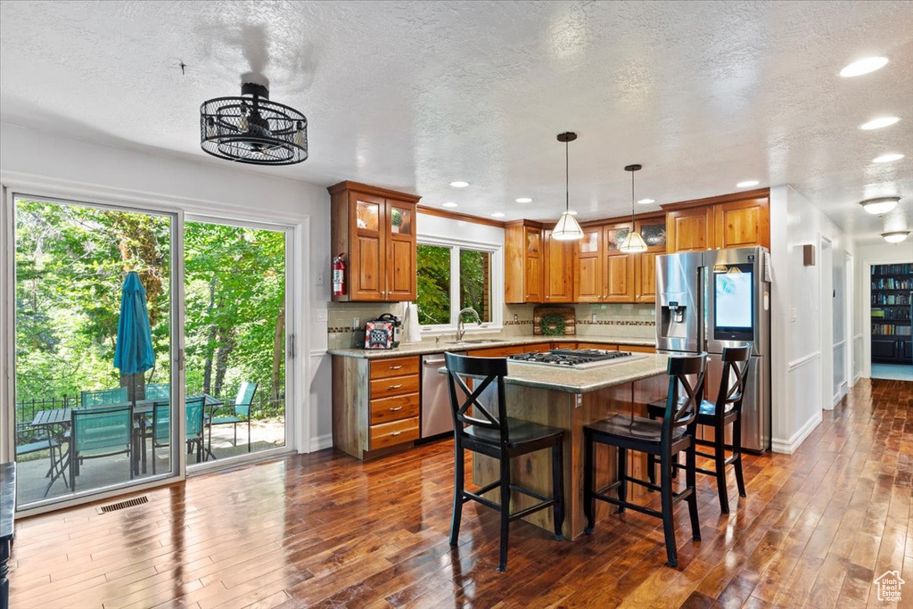 Kitchen featuring appliances with stainless steel finishes, a healthy amount of sunlight, and dark hardwood / wood-style floors