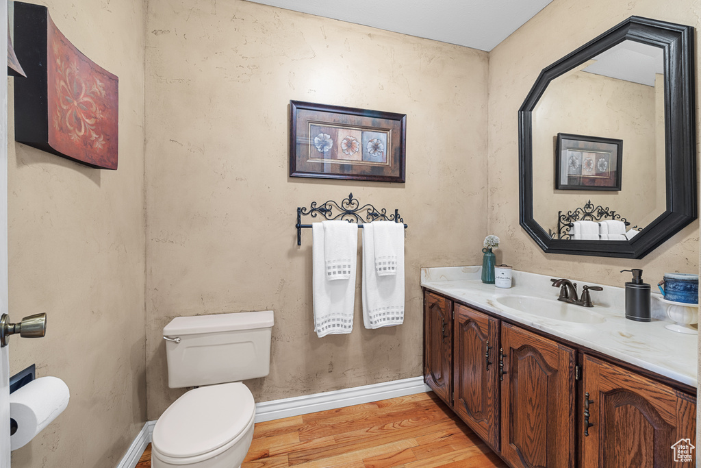 Bathroom with vanity, toilet, and hardwood / wood-style flooring