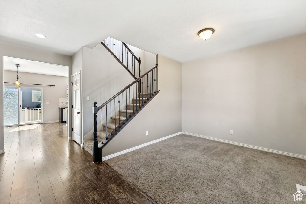 Stairs featuring dark wood-type flooring