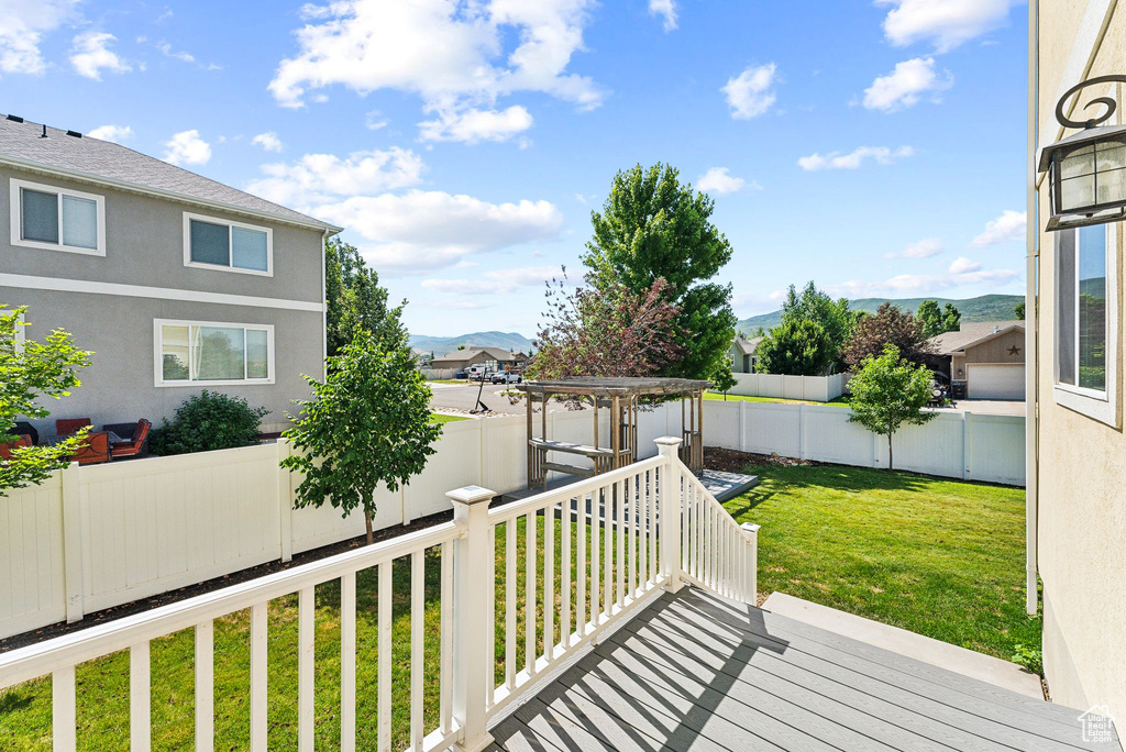 Wooden deck featuring a lawn