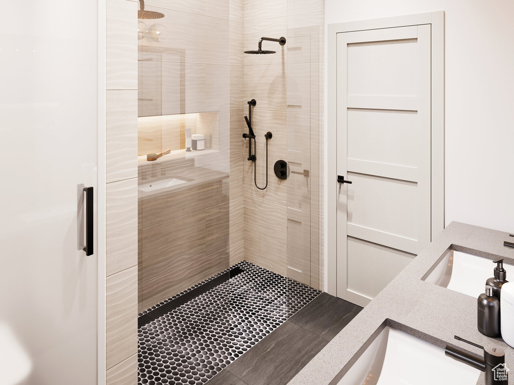 Bathroom with shower with separate bathtub and double sink