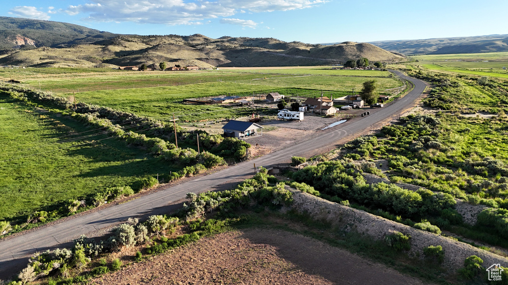 Aerial view featuring a mountain view and a rural view