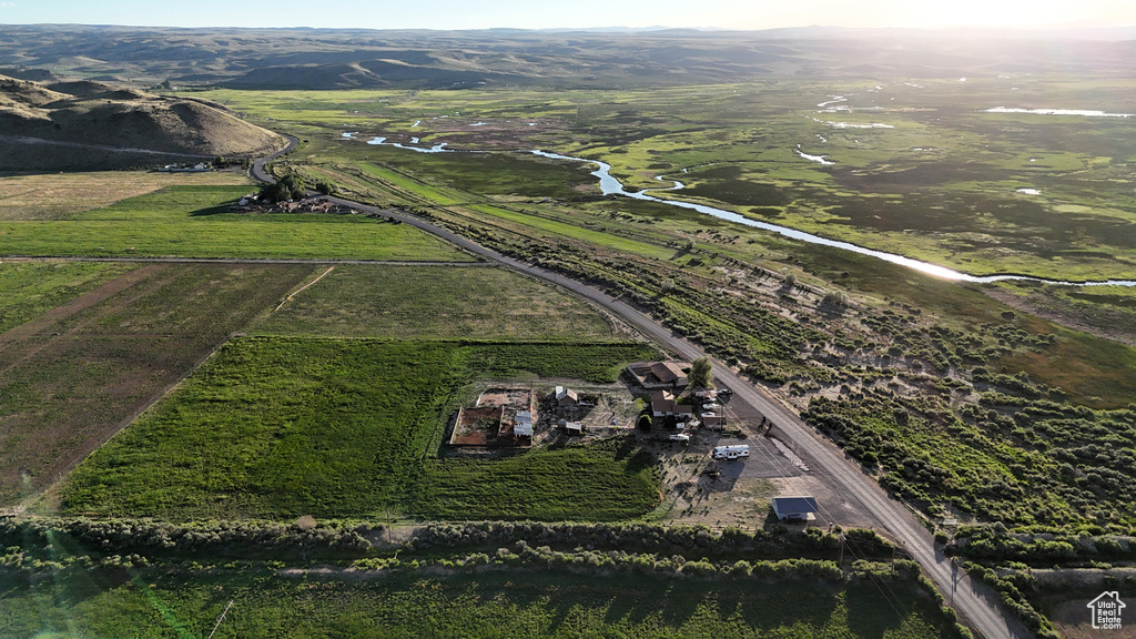 Drone / aerial view featuring a mountain view and a rural view